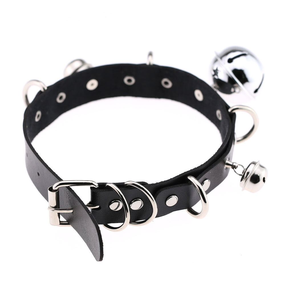 Allacki Punk Leather Choker Necklace Multilayer Bells Metal Chocker Collar