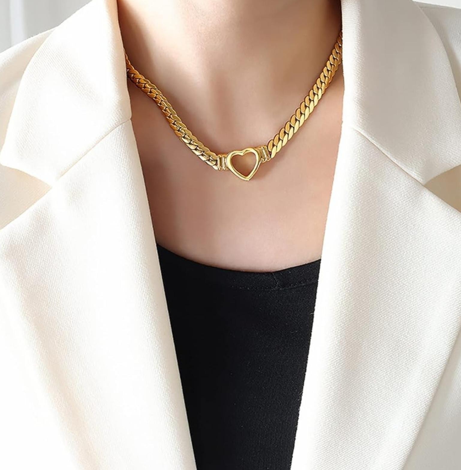 Flat Cuban Link Chunky Chain Necklace Gold Stainless Steel Hollow Heart Charms