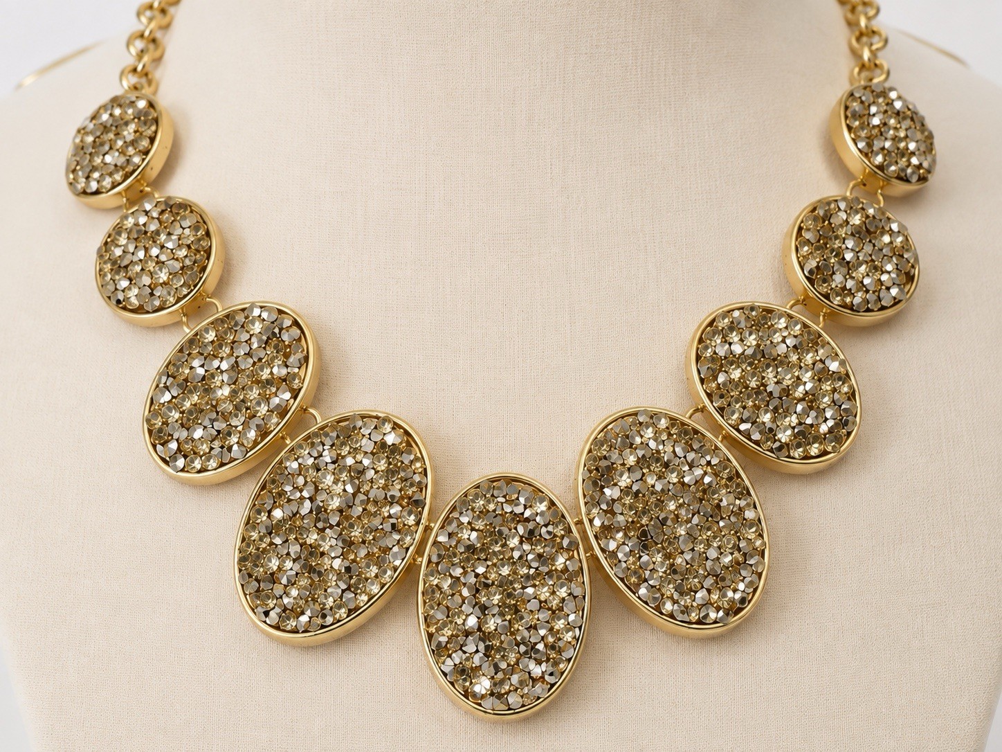 Gold Tone Statement Bib Necklace Oval Clear Crystal Rhinestone Pavé Adjustable