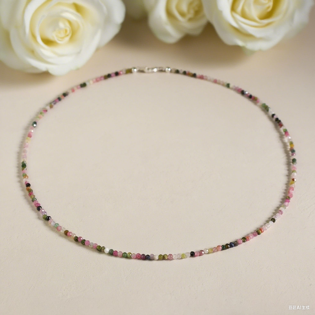 Minimalist Rainbow Tourmaline 2mm Crystal Gemstone Beads Dainty Choker Necklace