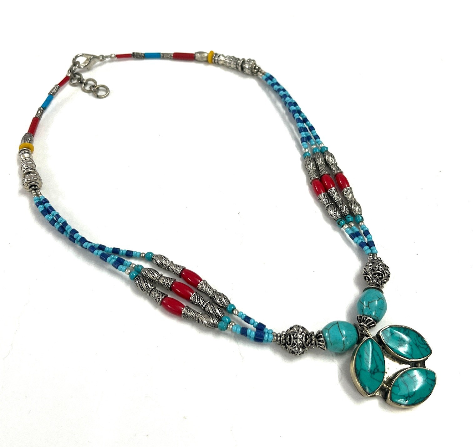 Antique Turquoise Coral Gemstone Tibetan Style Necklace Jewelry, 16 Inch Adjs