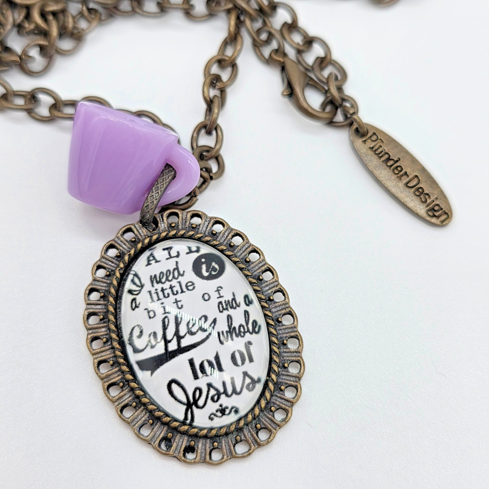 Plunder Bronze Coffee & Jesus Quote Necklace Oval Pendant Purple Mug Charm 32”