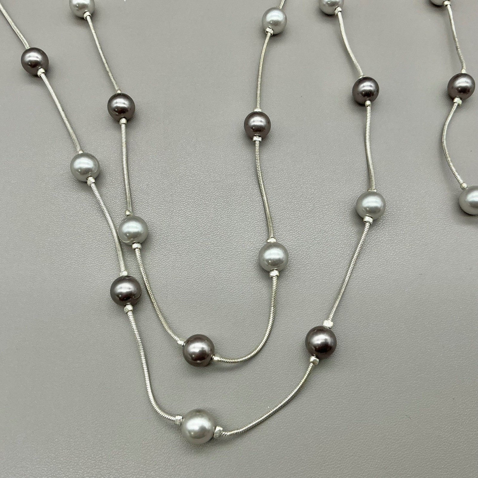 Roman Necklace Womens Silver Tone Pearl Station Snake Chain Double Strand 48″