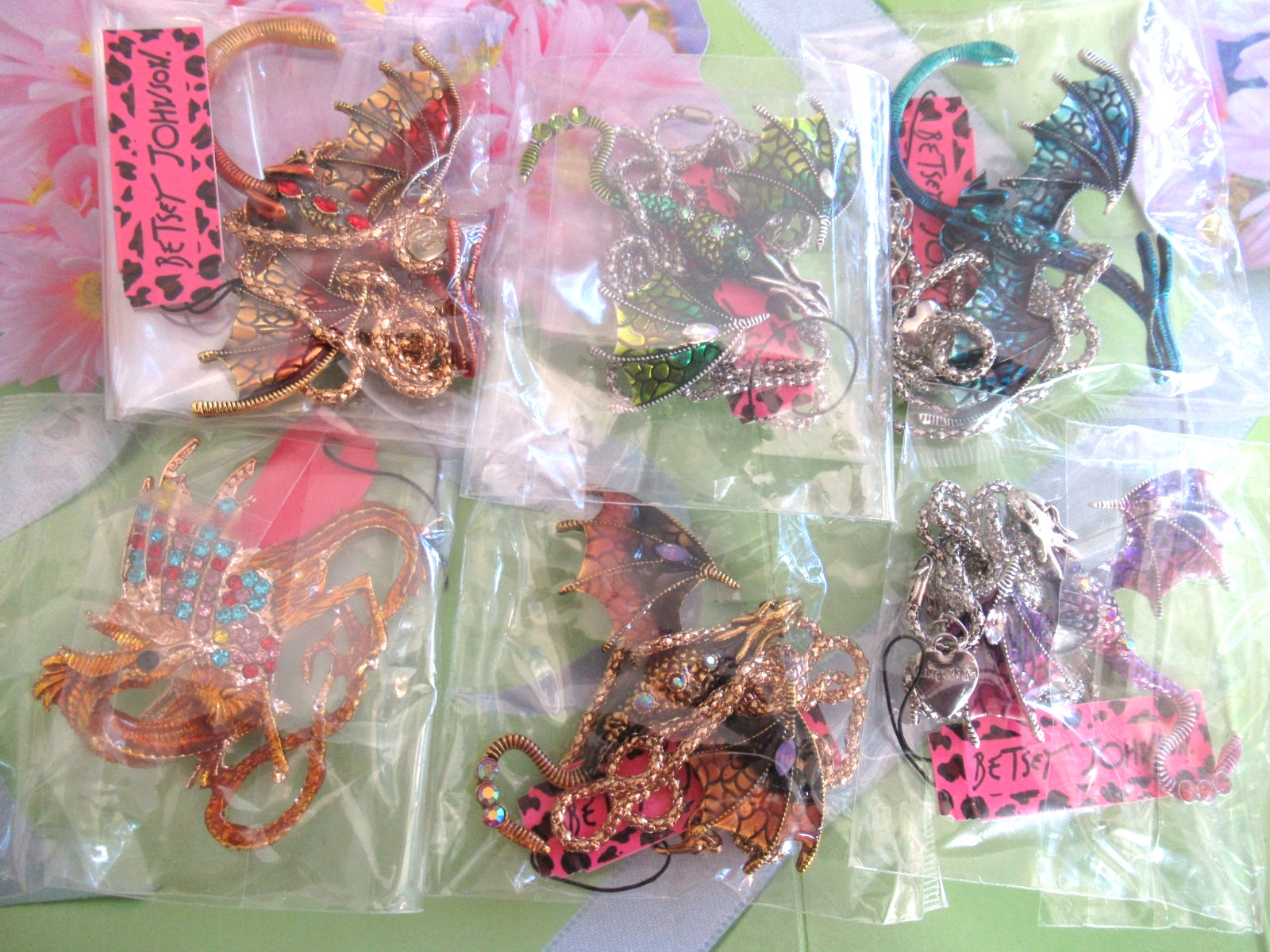 LOT OF 6 BETSEY JOHNSON Rhinestone Novelty DRAGON Necklaces / Brooches NWT NEW