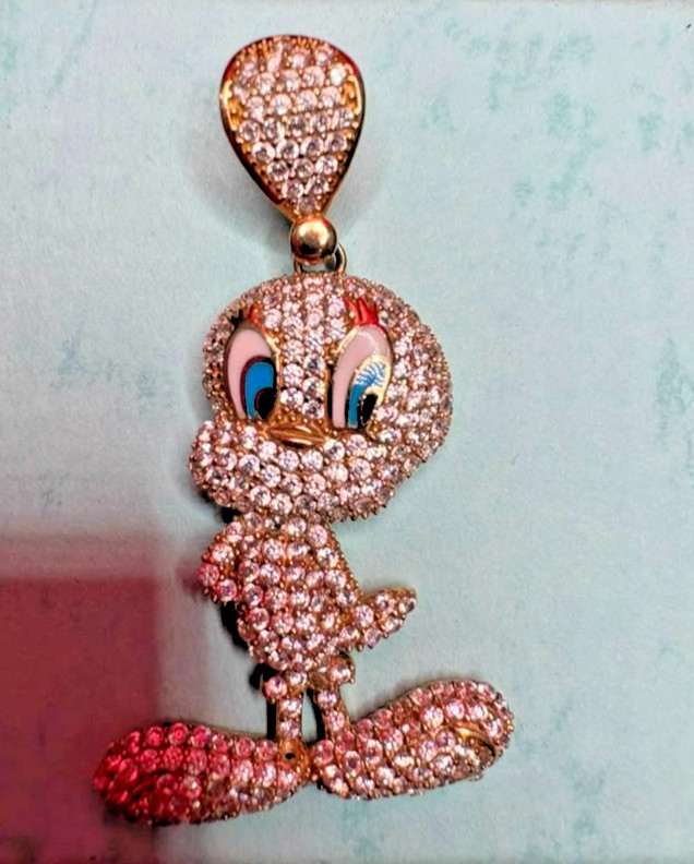 10Kt Iced-Out Tweety Bird Pendant with Cubic Zirconia Stones