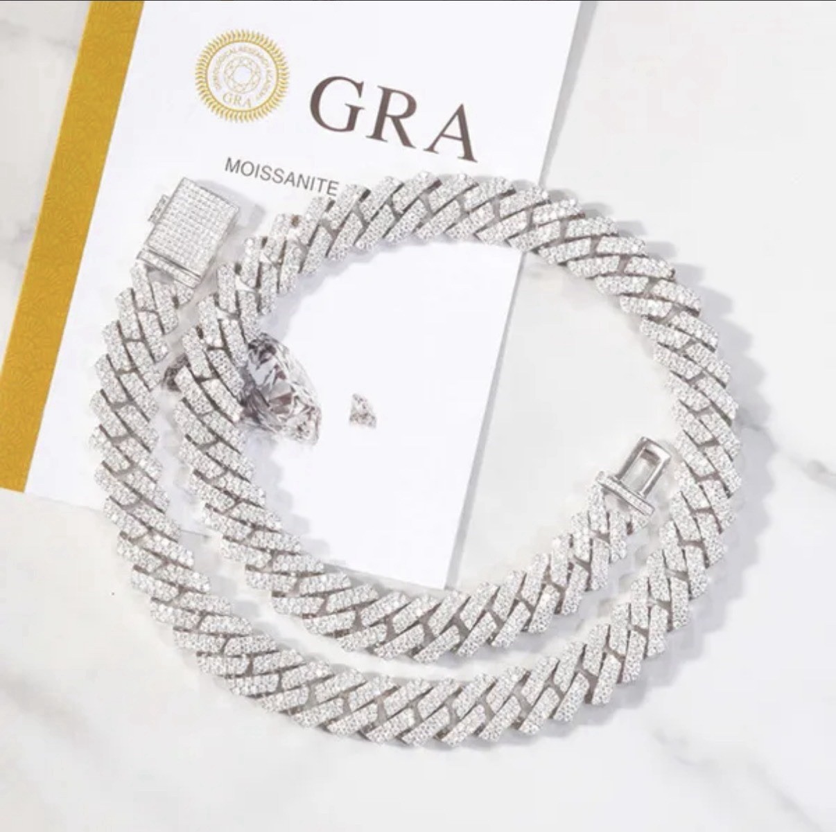 GRA Moissanite Cuban Link Chain Necklace Pavé Round White/Colorless Gold Hip Hop