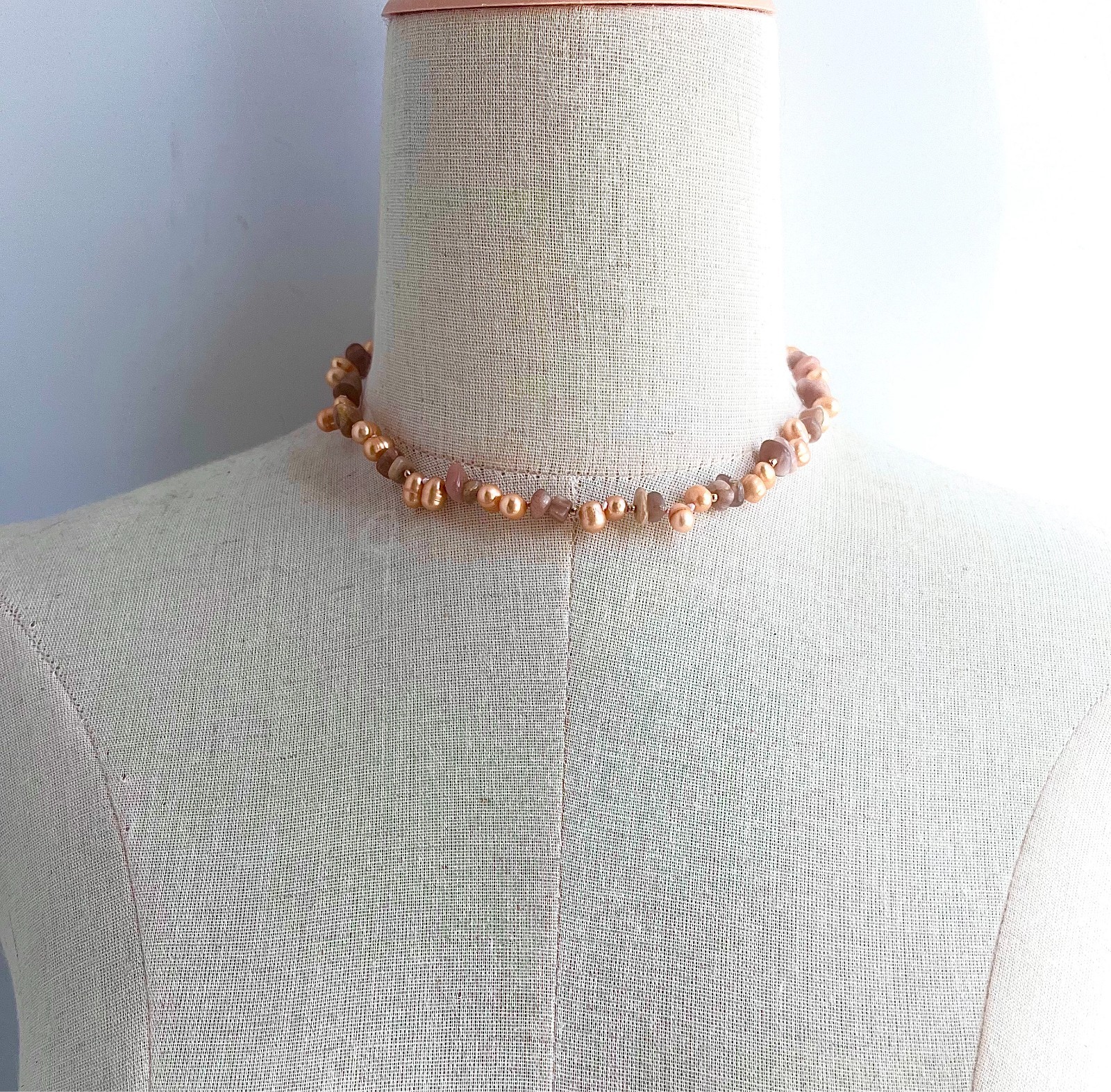 5-8mm chip orange sunstone 6-7mm oval freshwater pearl necklace 15″1/2-17″1/2