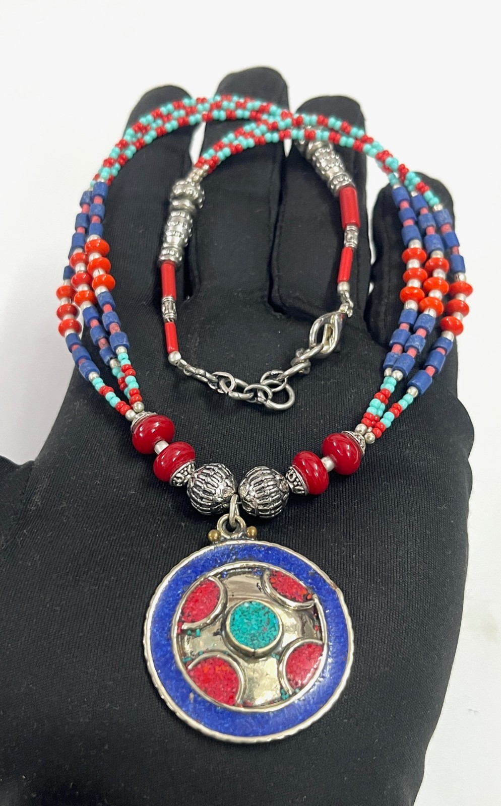 Ethnic Lapis Lazuli Coral Gemstone Nepalese Boho Necklace Jewelry, 17 inch