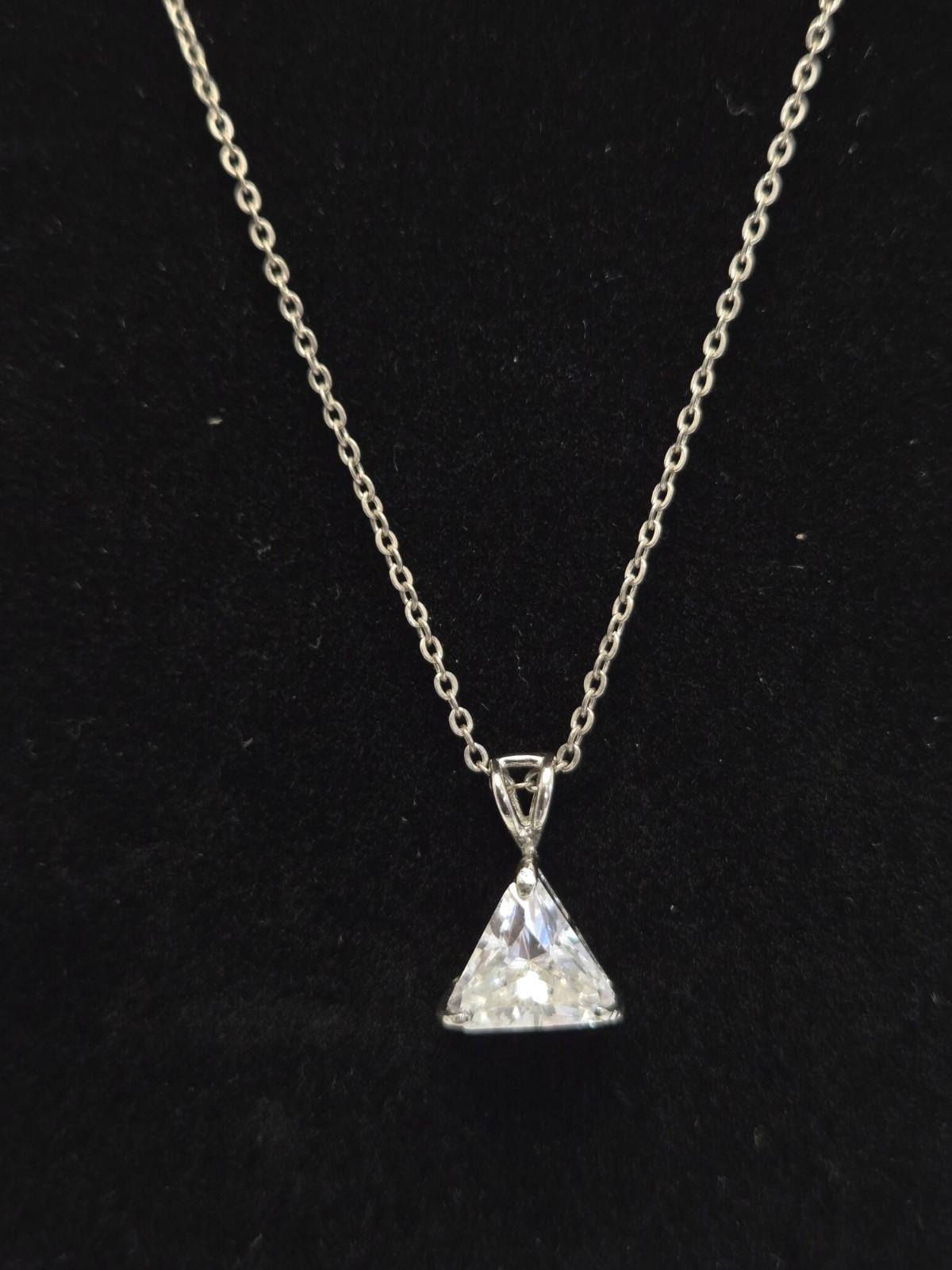 Trillion Cut Cubic Zirconia Solitaire Pendant Necklace Silver Tone 18″ Chain
