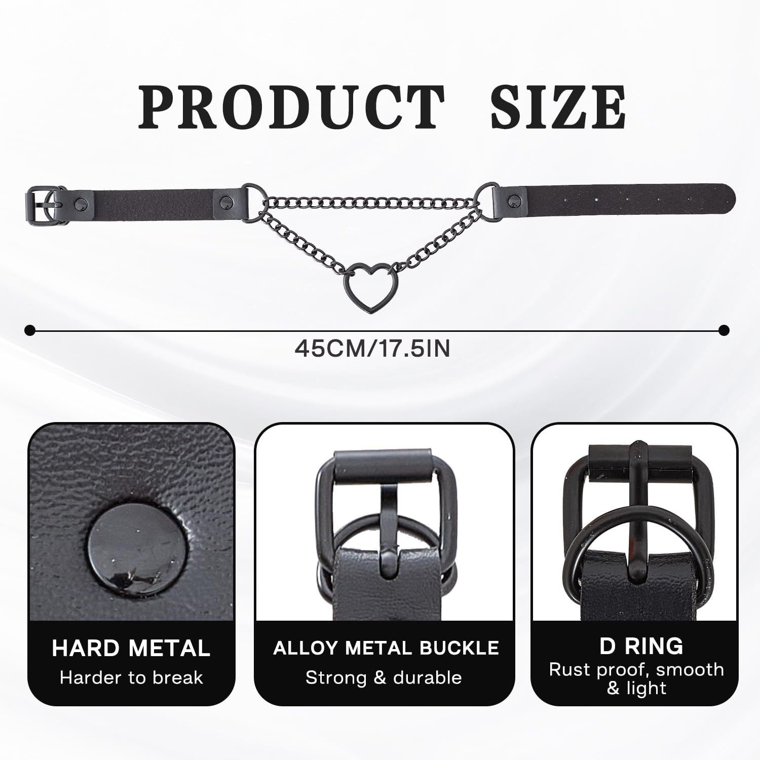 Heart Chain Choker Faux Leather Necklace Black Gothic Pumk Grunge Necklace for W