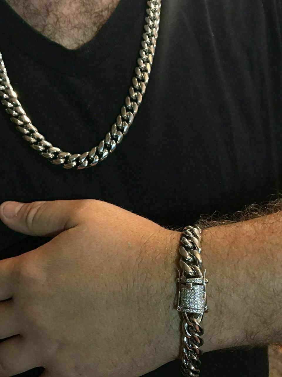 Cuban Miami Silver Bracelet & Chain Set Stainless Steel 925 Simulated Diamond
