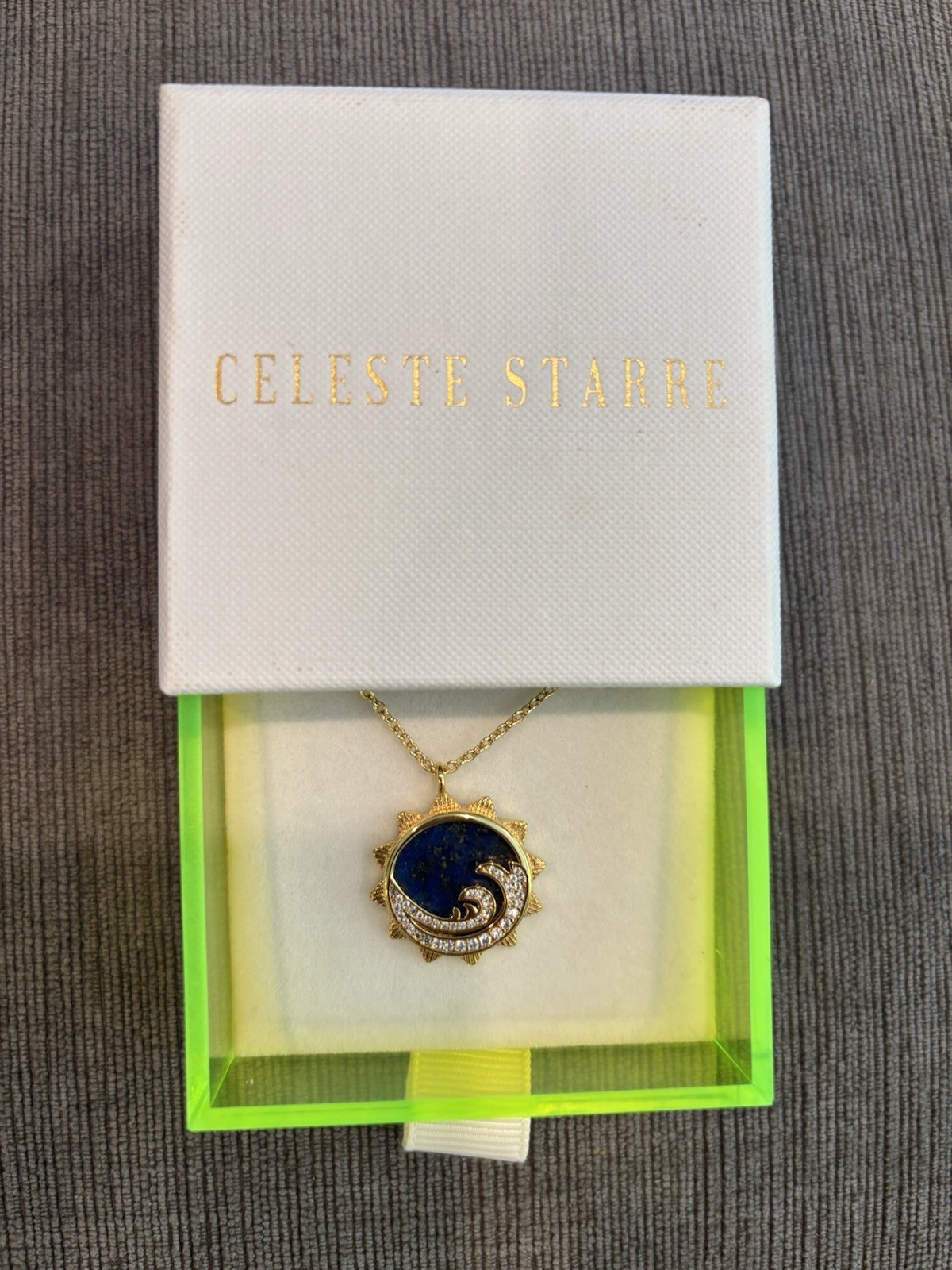 Celeste Starre Perfect Wave Necklace Lapis Lazuli Sun Cubic Zirconia Gold Plated