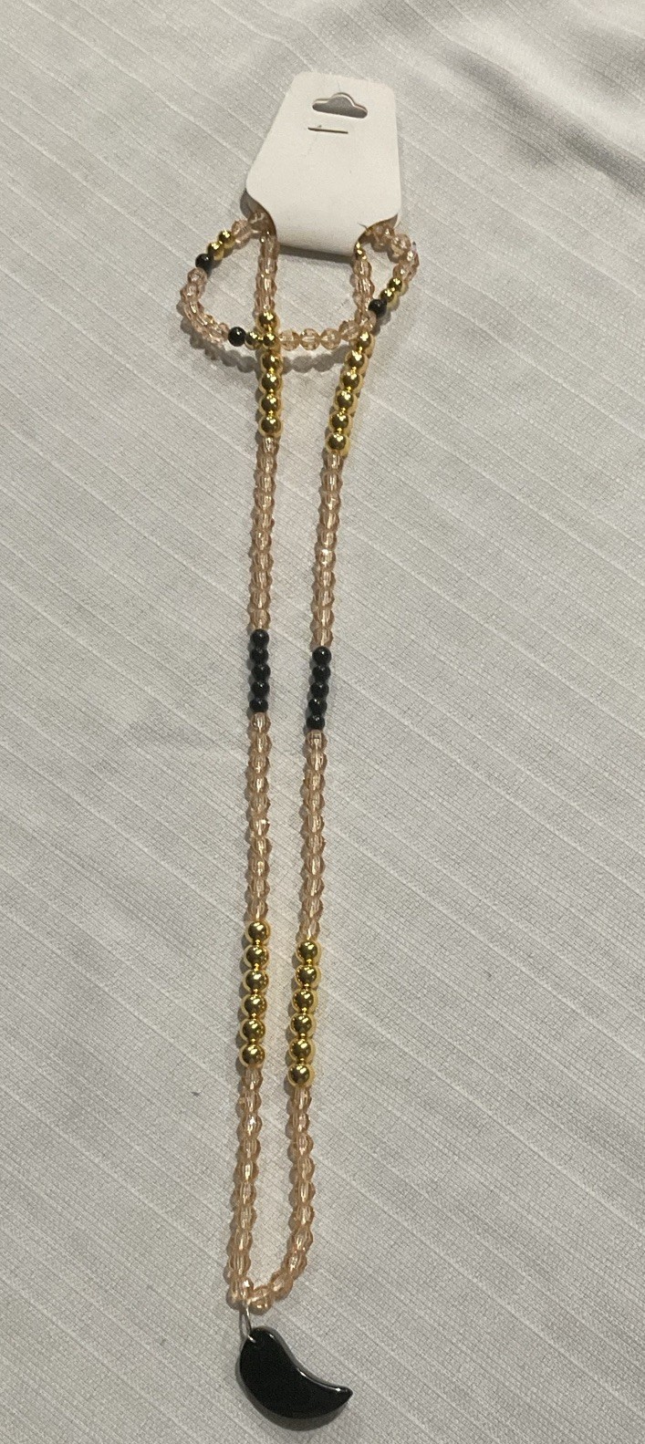 Gold Tone Black Beaded Necklace Ball/Bead Chain Crescent Moon Charm Pendant