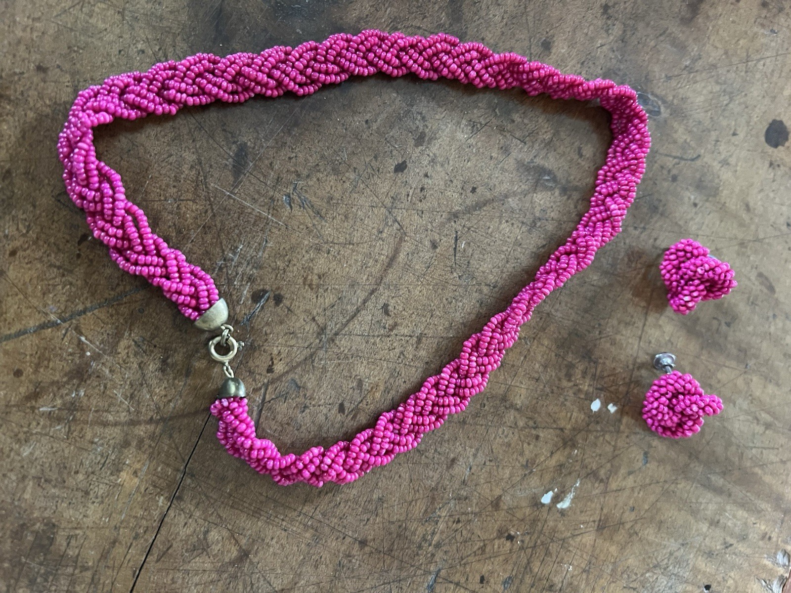 Bright Pink Seed Beaded Multi Strand collar necklace With Matching Earrings