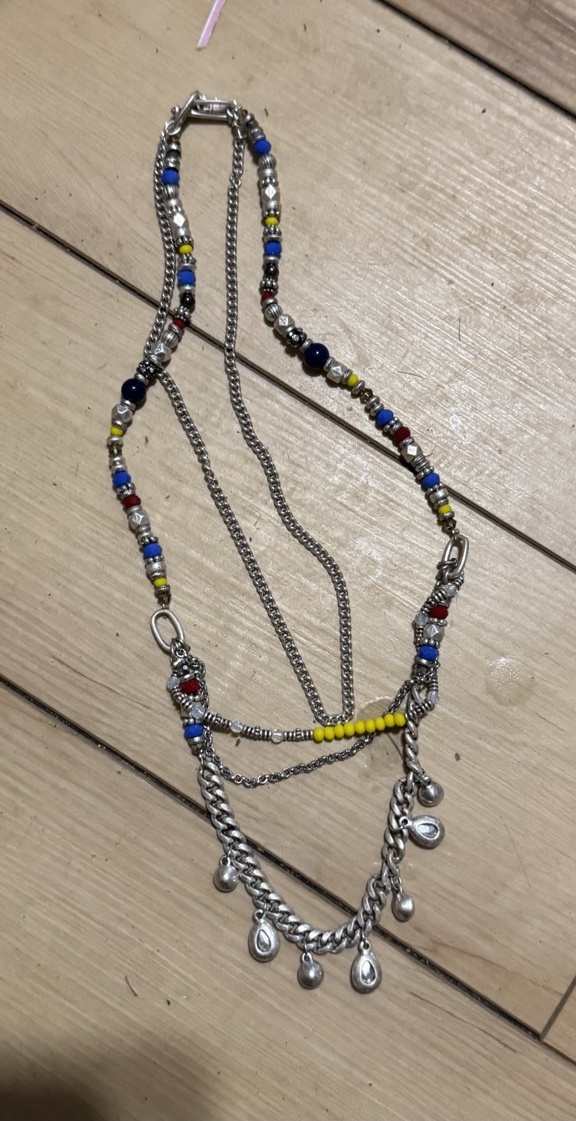 Silver Tone Layered Multi-Strand Cable Chain Beaded Glass Charm, Boho