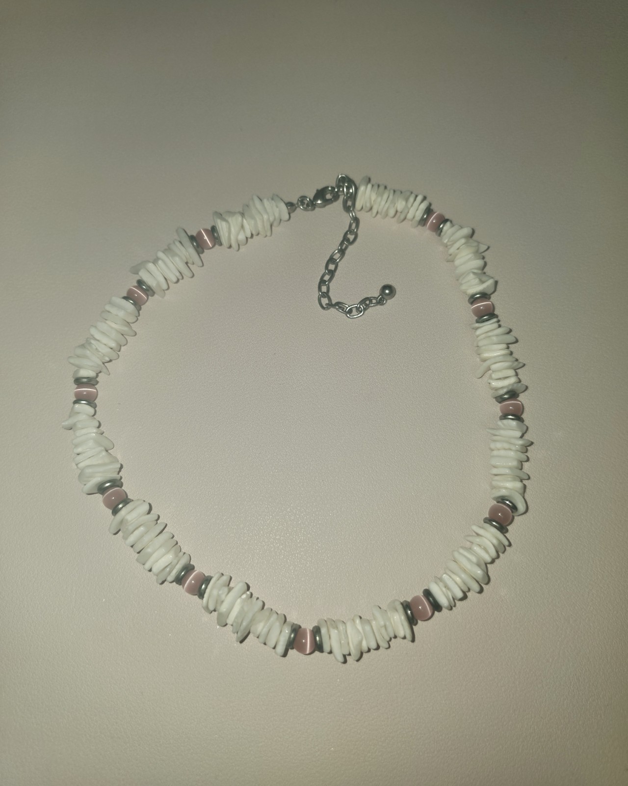 Puka Shell Chip Necklace with Pink Stones
