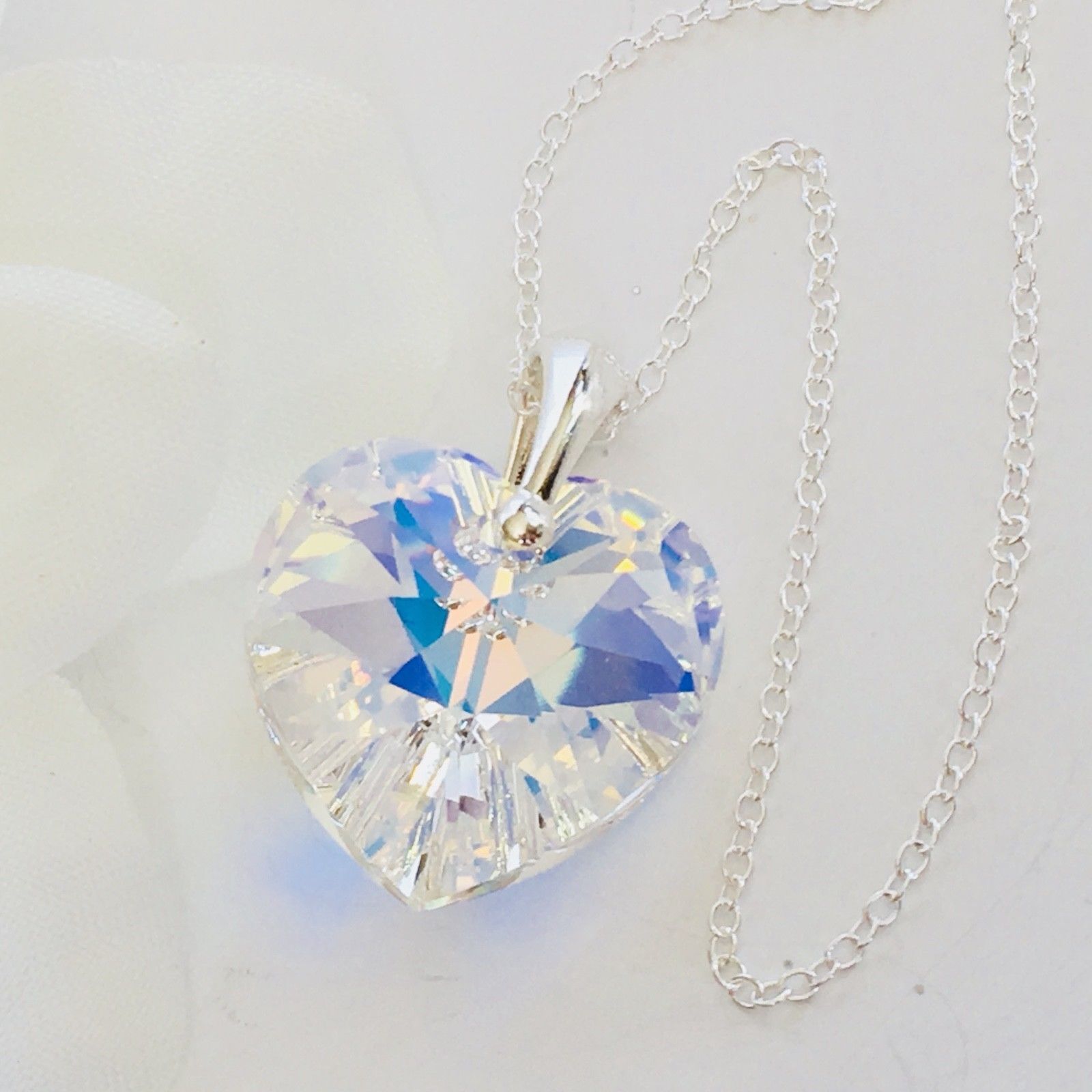 925 Silver Large 28mm AB Heart Necklace Pendant Made With Austrian Crystals