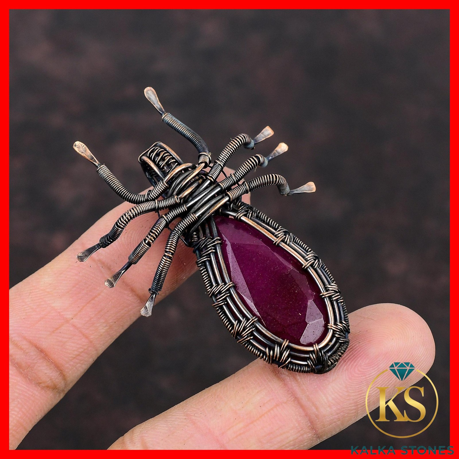 Copper Kashmir Rubi Stone Spider And Wire Wrapped Trendy Daughter Ethnic Pendant