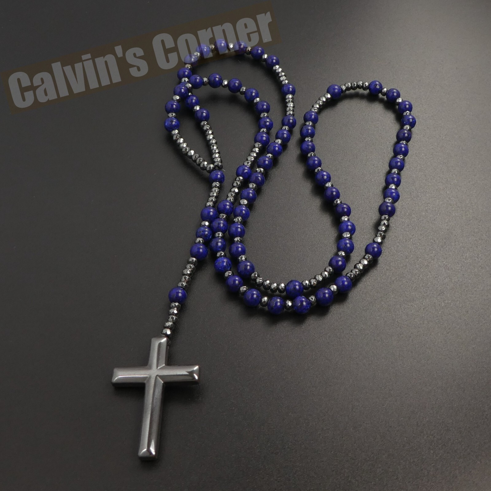 Lapis Lazuli Black Hematite Rosary Necklace Catholic Christ Cross Men Women Gift
