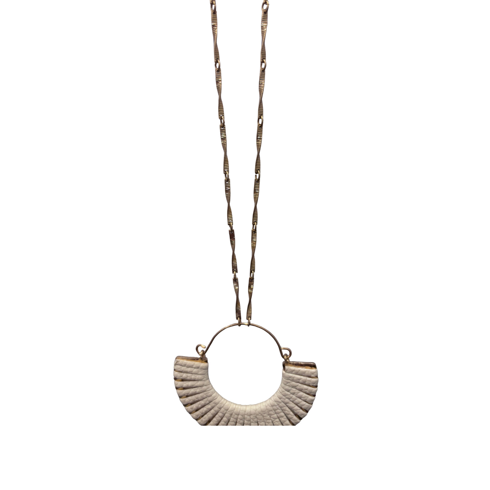 Gold Tone Chain Necklace White Faux Leather Fan Half Moon Pendant Boho NWT