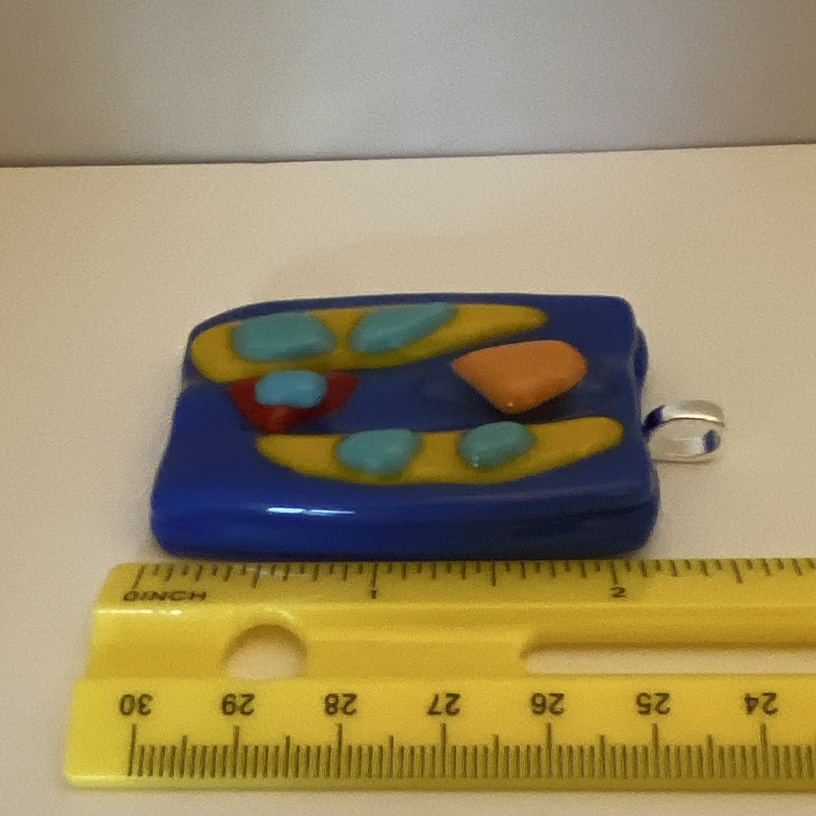 Fused Glass Pendant Silver Tone Bail Multicolor Art Design Handmade; Artisan