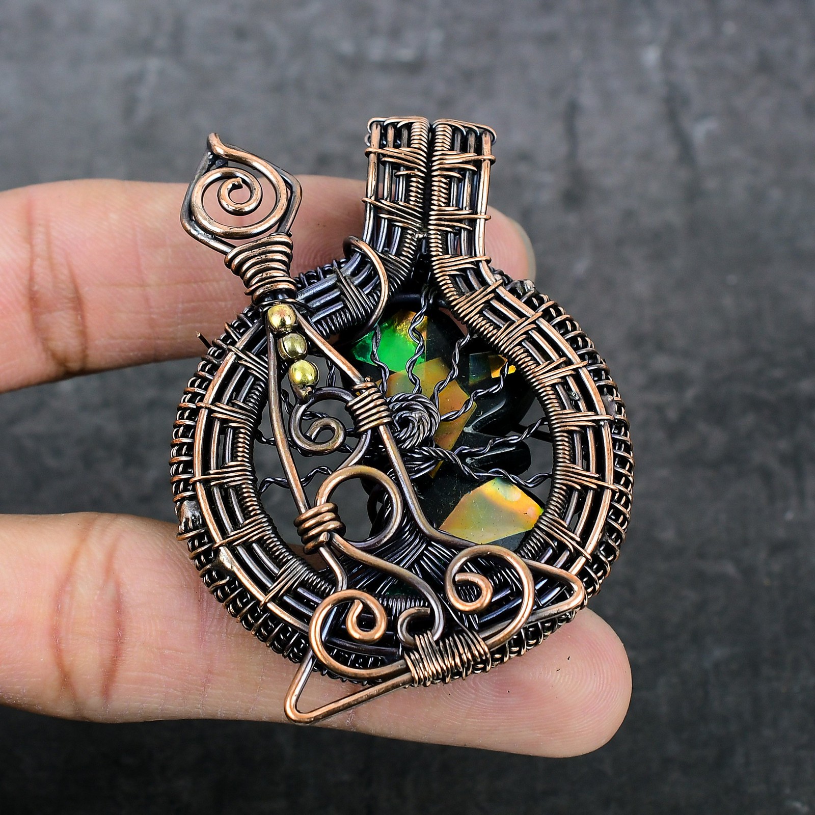 Bi-Color Tourmaline Gemstone Copper Wire Wrap Jewelry Pendant 2.76″ F559