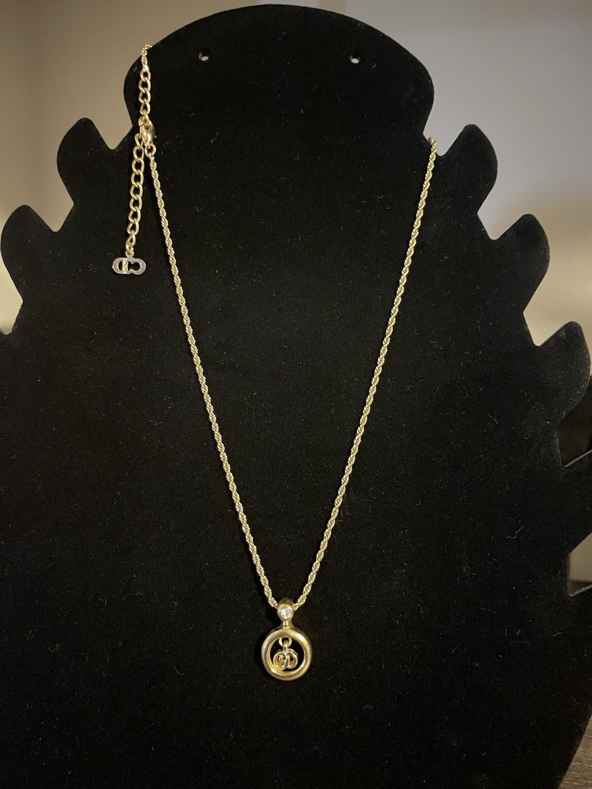 Dior Signed Gold Tone Rope Chain Necklace Round Clear Rhinestone CD Pendant
