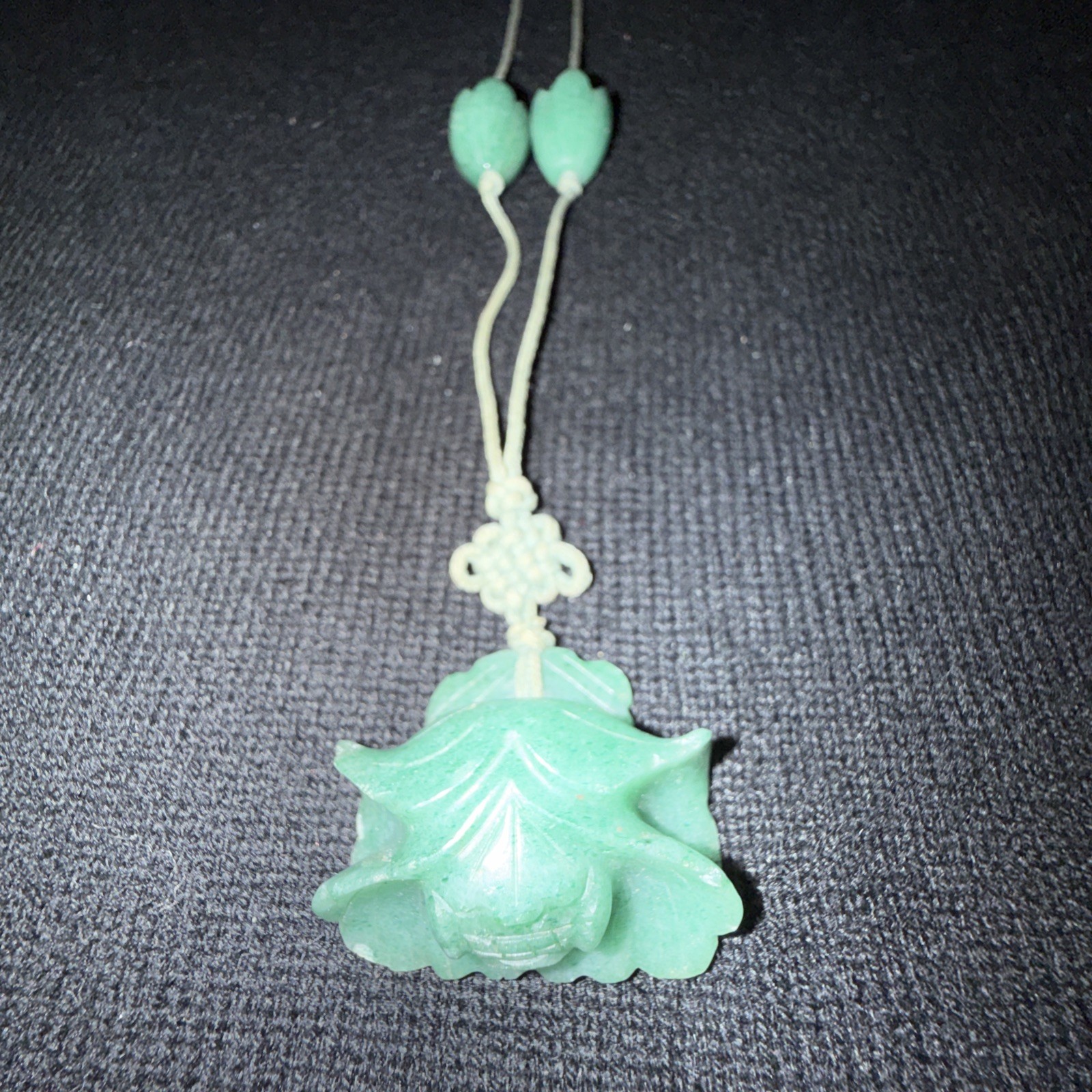 Jade “Flower” Necklace 15in Drop, On Cord.
