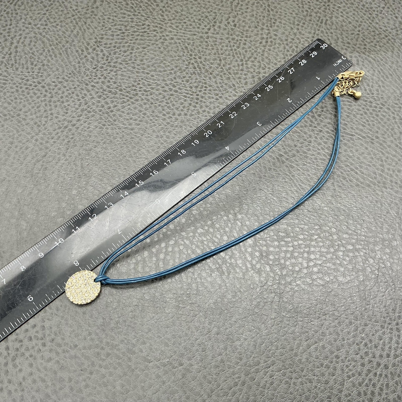 Lia Sophia Necklace Blue Faux Leather Crystal Disc Pendant Choker 16 In Womens