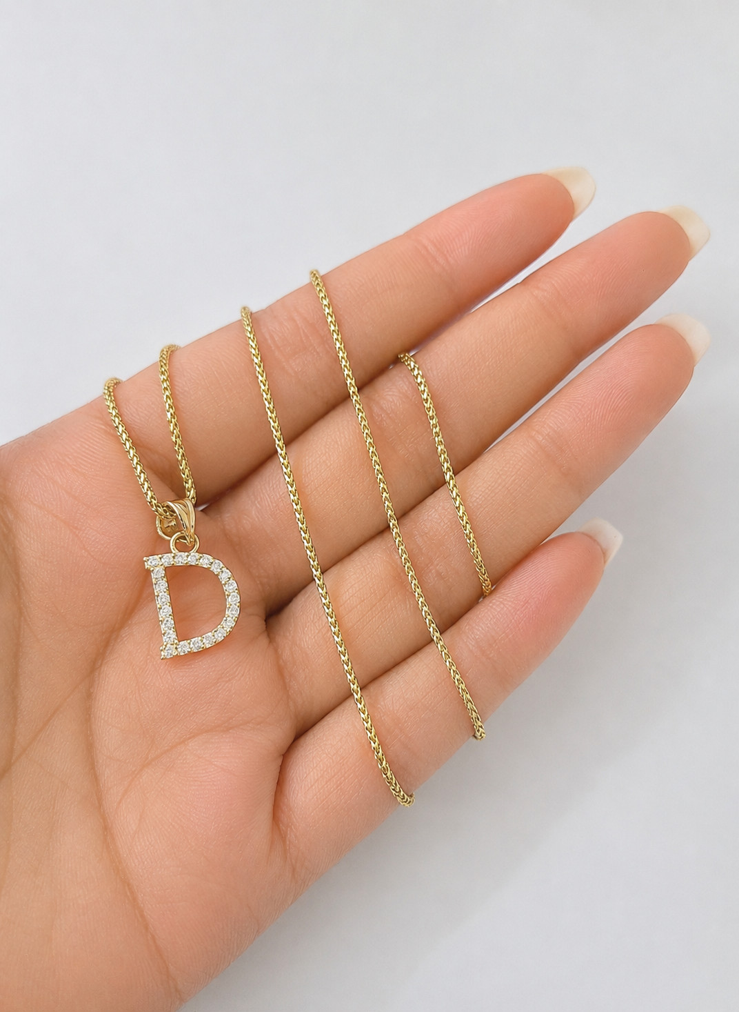 10K Gold Solid Franco Chain D Initial CZ Stone Pendant Set 1mm 16 18 20 22 Women