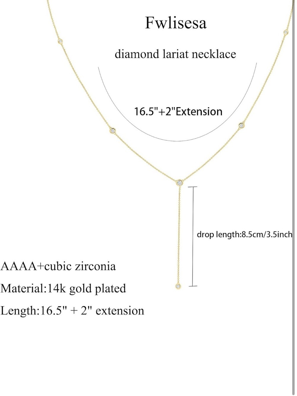 14k Gold Plated Dainty Lariat Necklace with Crystal Accents