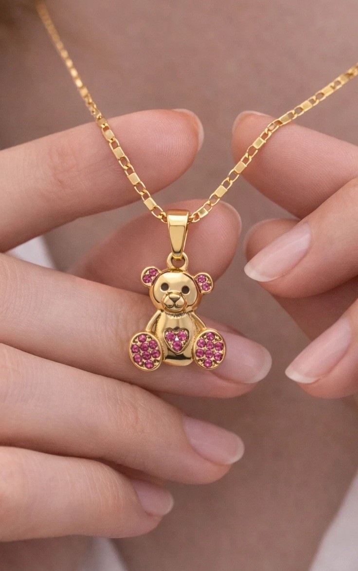 Gold Filled Teddy Bear Pendant Necklace Pink Crystal 18in Cute Women Gift