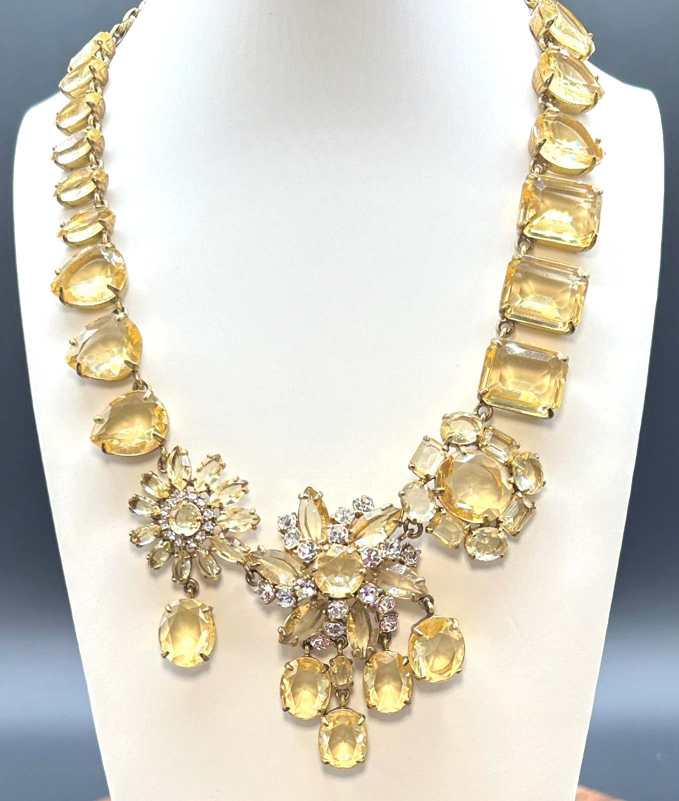 J Crew Yellow Citrine Crystal Rhinestone Cluster Bib Statement Necklace VTG NWOT