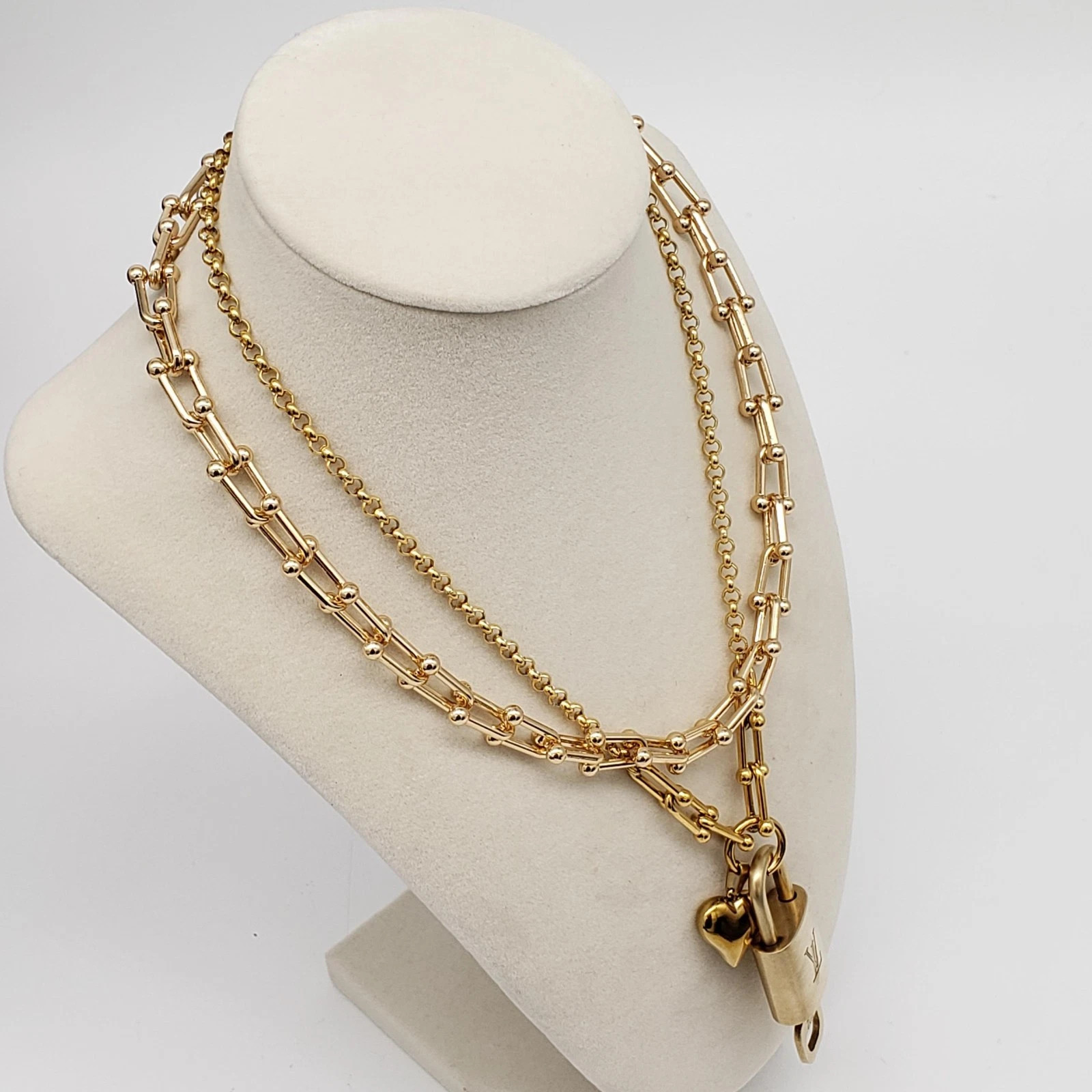 2 Stainless Gold Plated Necklace With Authentic Louis Vuitton Gold Lock Pendant