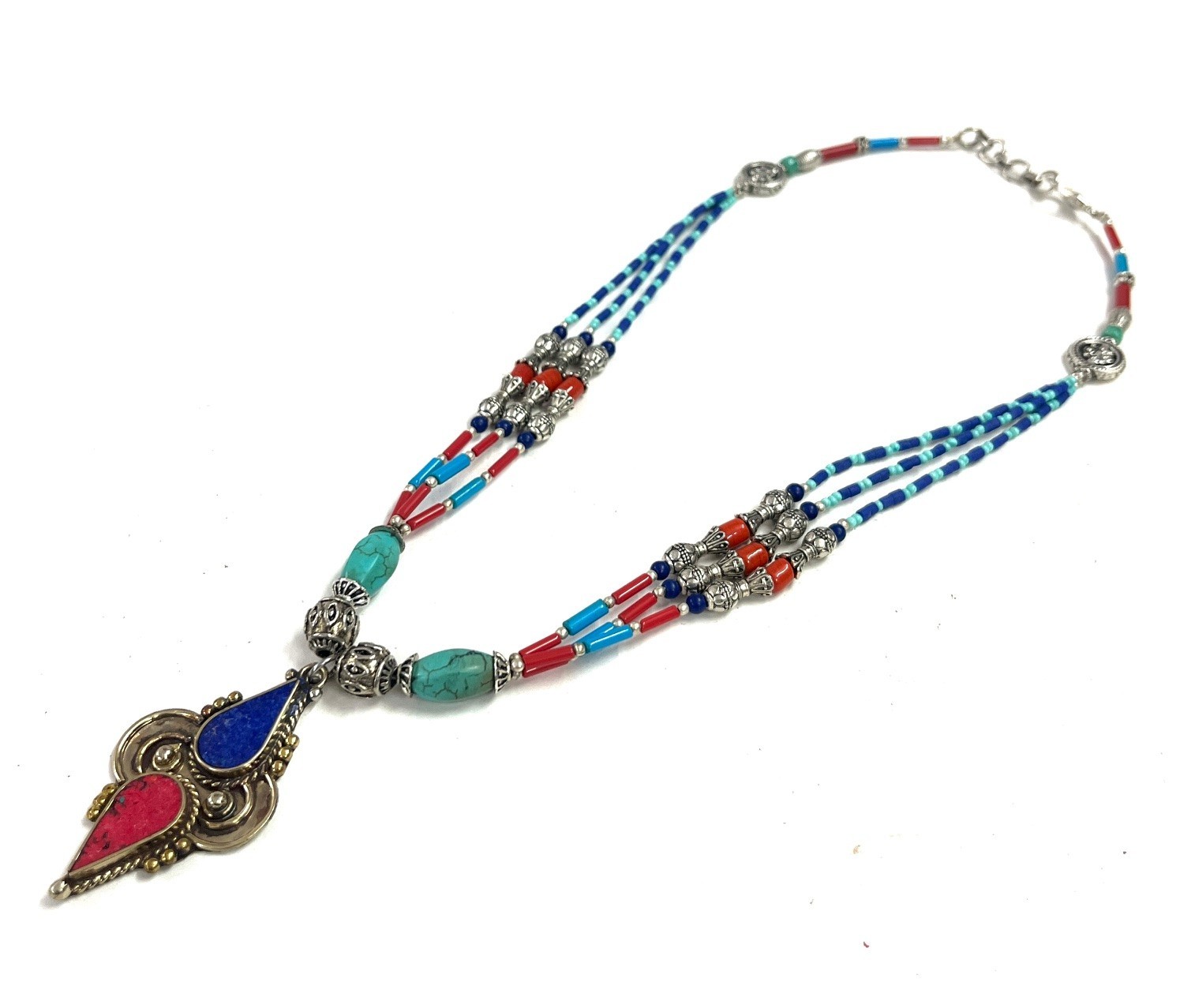 Red Coral Turquoise Gemstone Tibetan Handmade Necklace Jewelry, 18 Inc Adjst