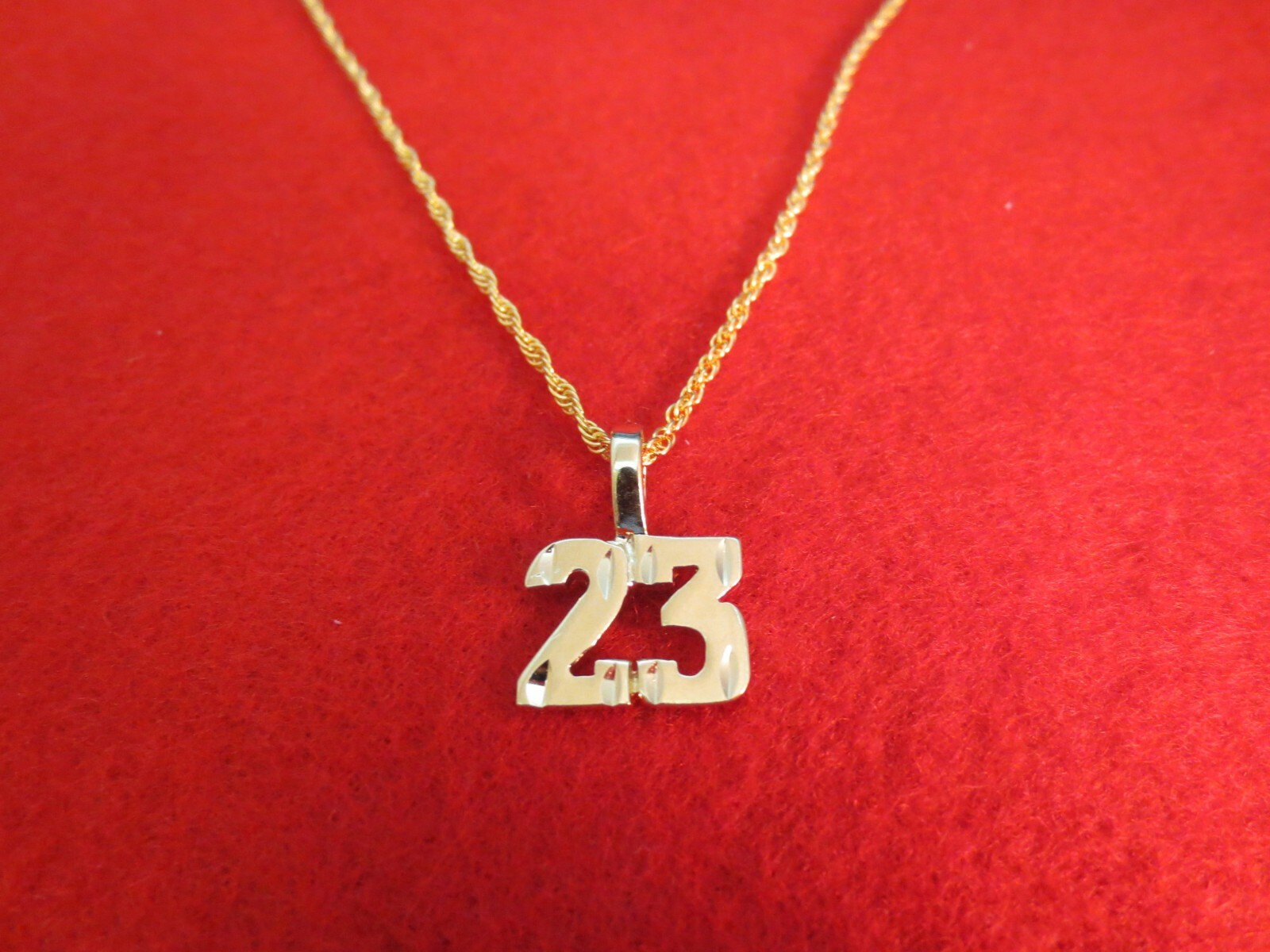 14KT GOLD EP NUMBER 23 SPARKLING CUT CHARM WITH 30 INCH ROPE CHAIN WAS $18.45
