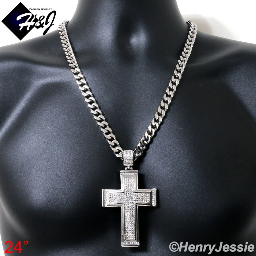 18″-40″MEN Stainless Steel 9mm Silver Cuban Curb Chain BIG CZ Cross Pendant*IP20