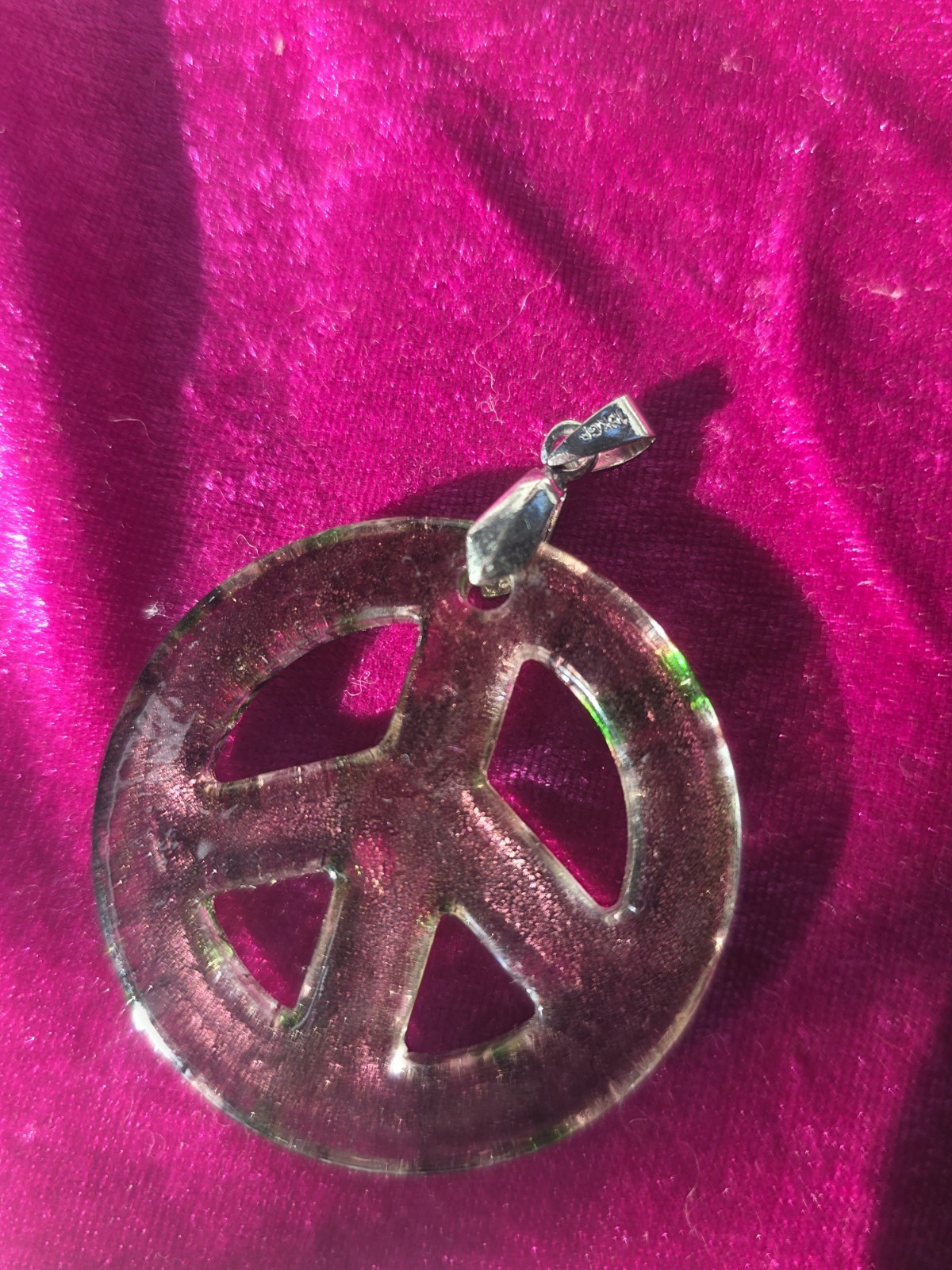 Vintage Peace Sign Pendant 18K GP Bail Green Brown Glass Look 2” Hippie Boho