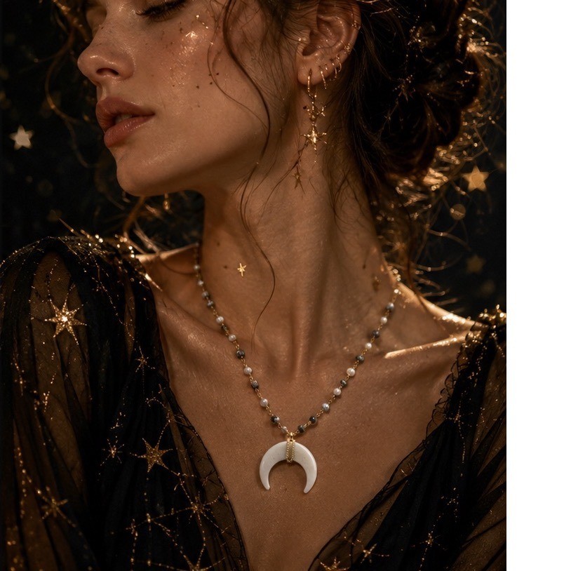 Crescent Moon Horn Necklace Pearl Dalmatian Jasper Gold Tone Celestial Boho