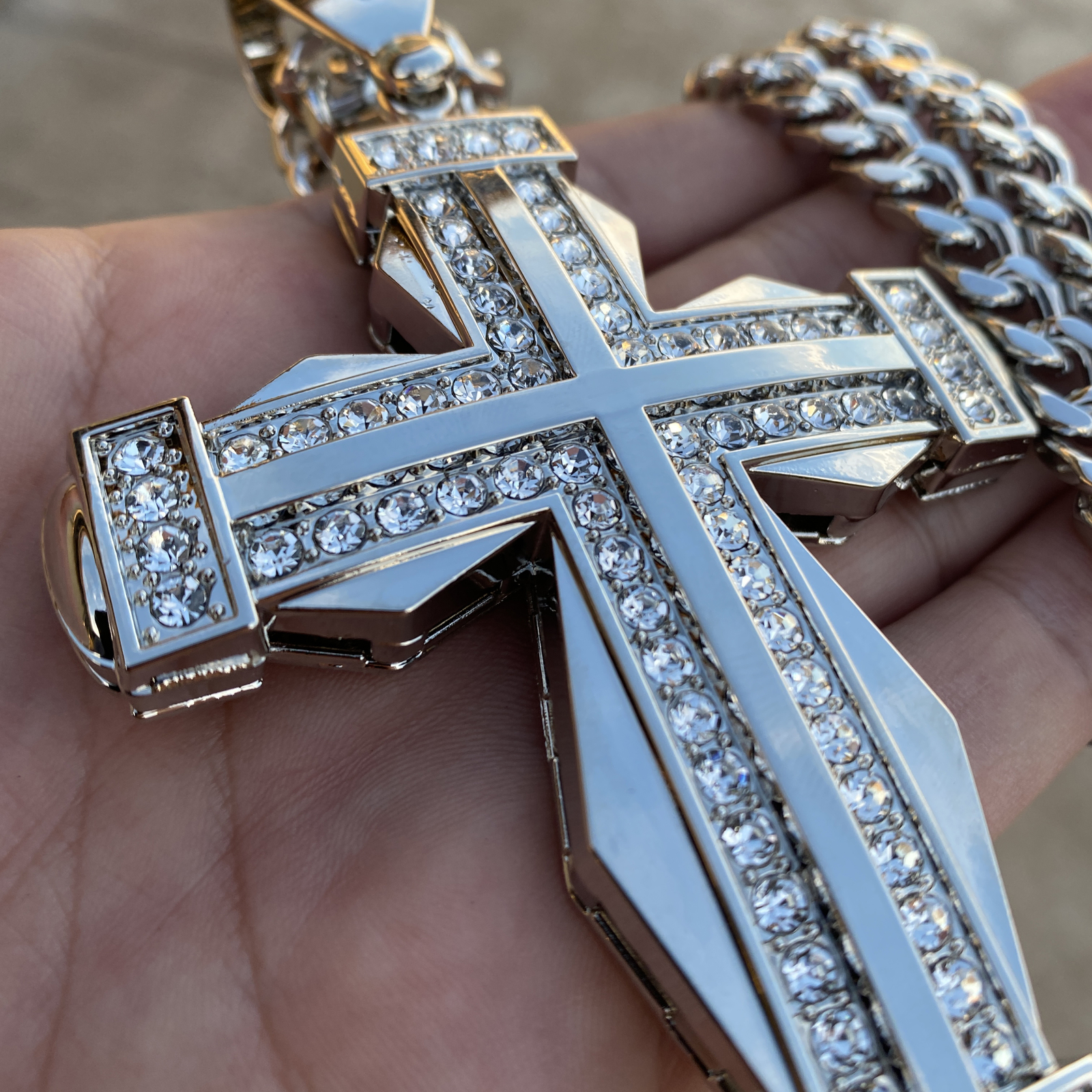 Men Huge Double Cross Pendant Jesus Necklace Silver Tone Hip Hop Cuban Chain 30″