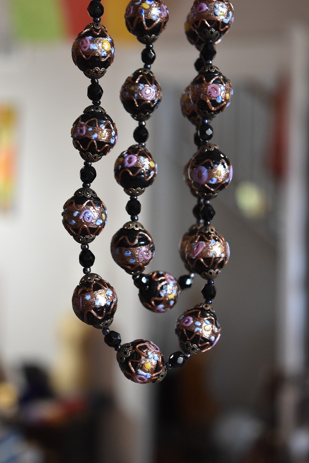 Vtg 2 Strand Venetian Murano Black Wedding Cake Glass Beaded Necklace Earrings