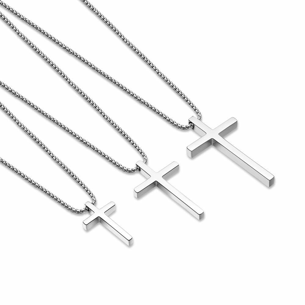 Men Women Cross Necklace Stainless Steel Silver Pendant Chain Father’s Day Gift