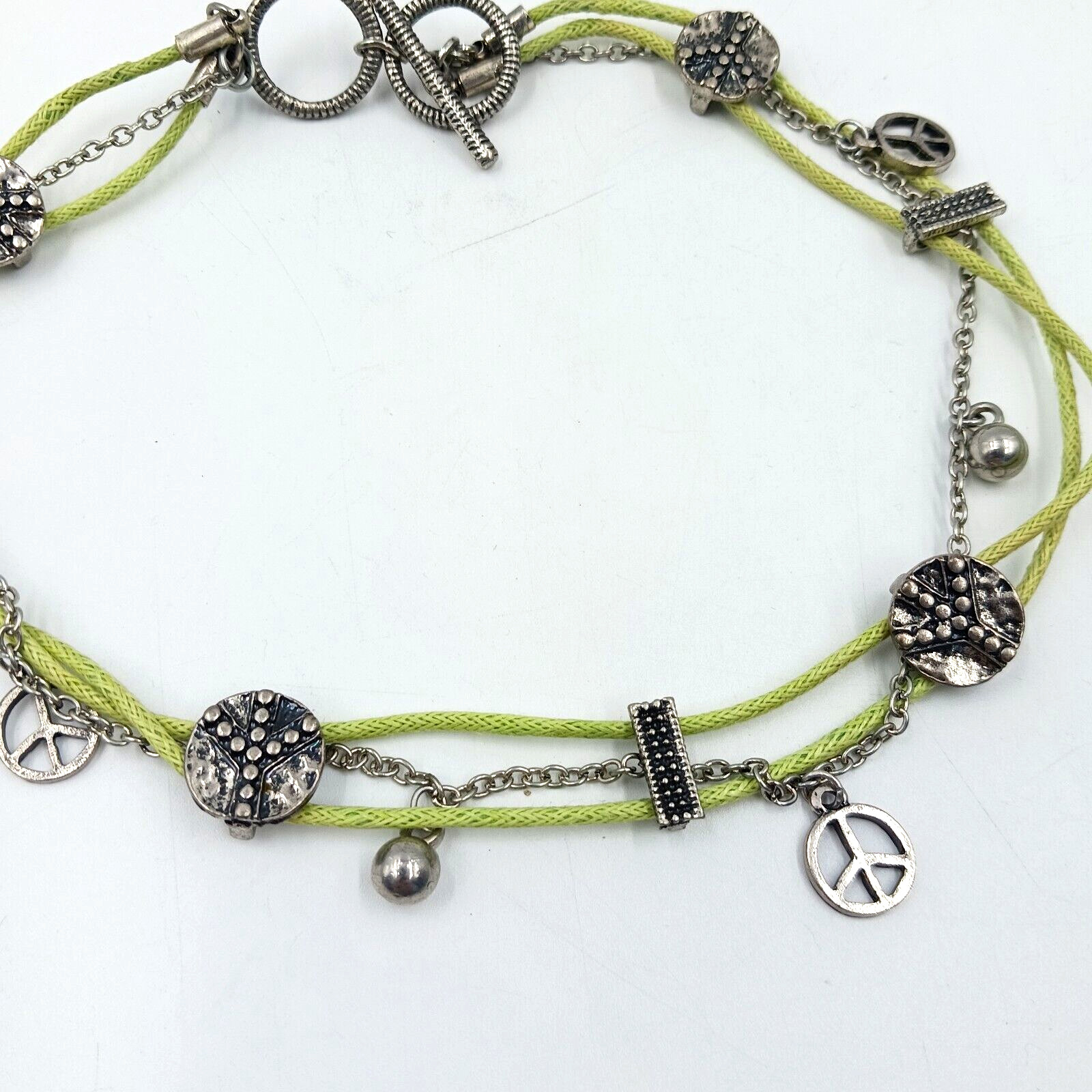 TYJ Collection Choker Necklace Peace Signs Corded And Chain Layered Green 14″