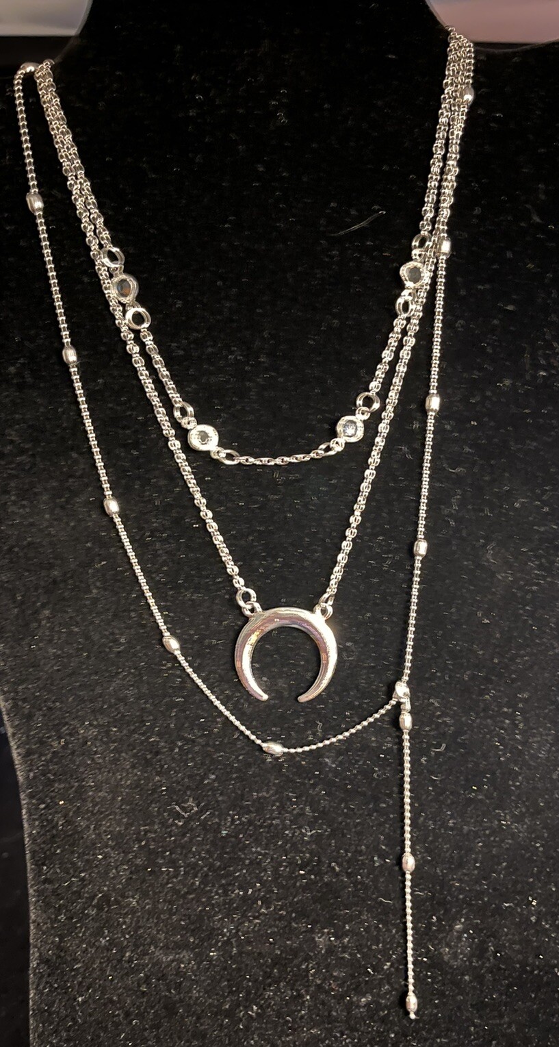 Three Strand Asymmetrical Beads Moon And Balls Pendant Silver Tone Necklace 16”