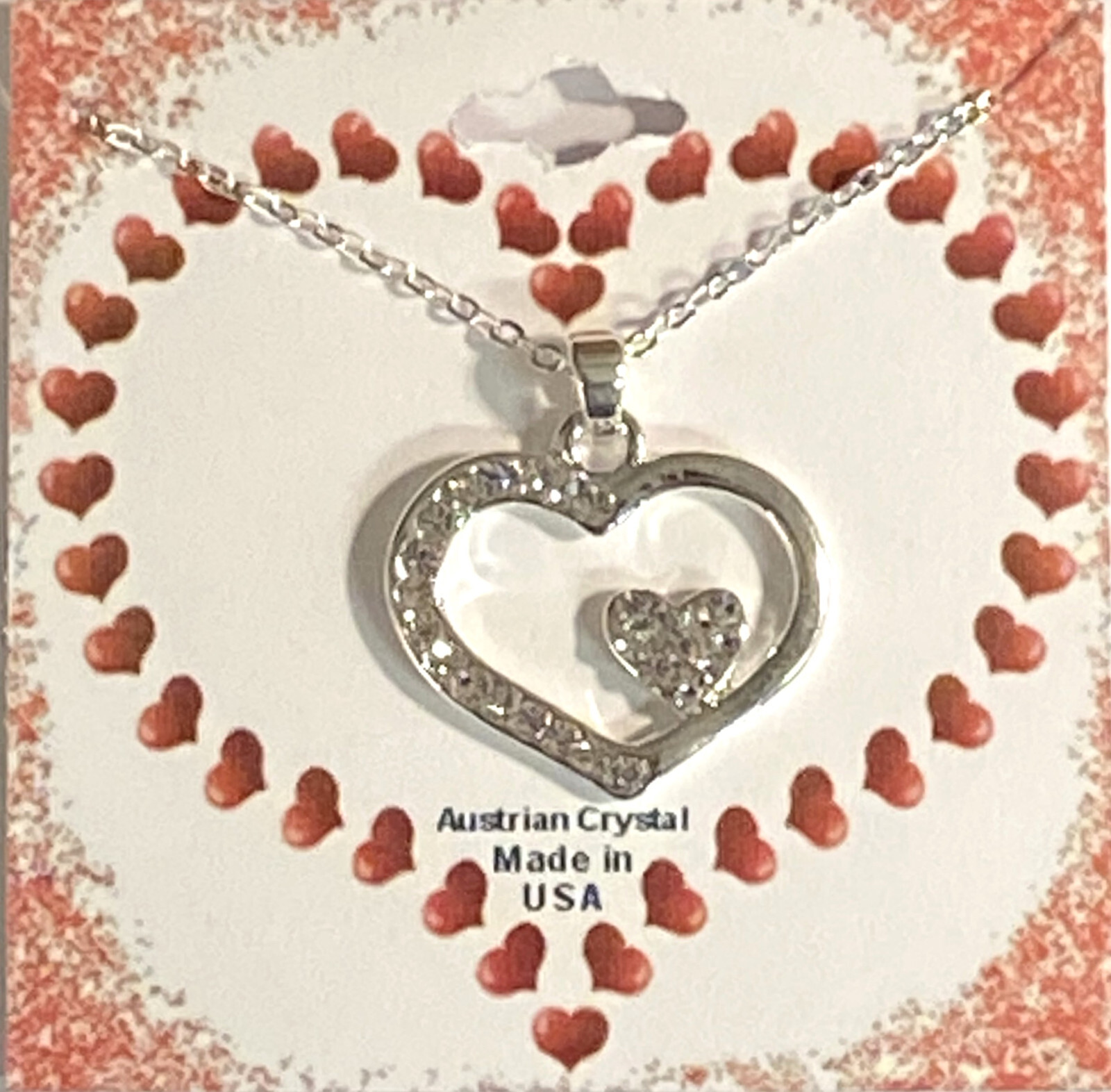 Heart Valentine 18-20 Adjustable Necklace With 26 Crystals in Silver Plate NEW