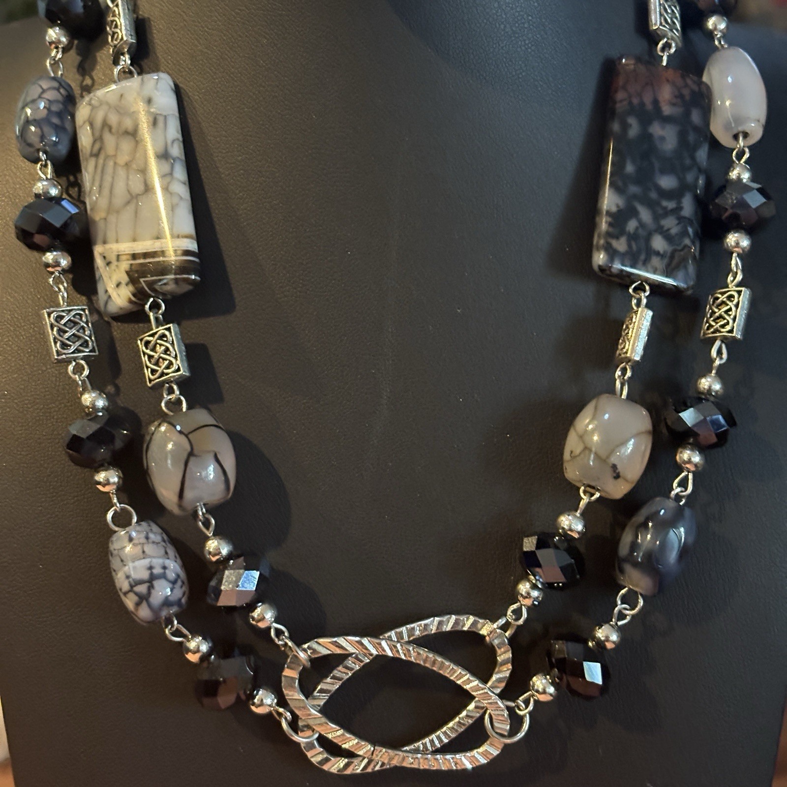 Vintage Boho Long Silver Chain Necklace Mixed Grey Black Agate Stone Beads 32”