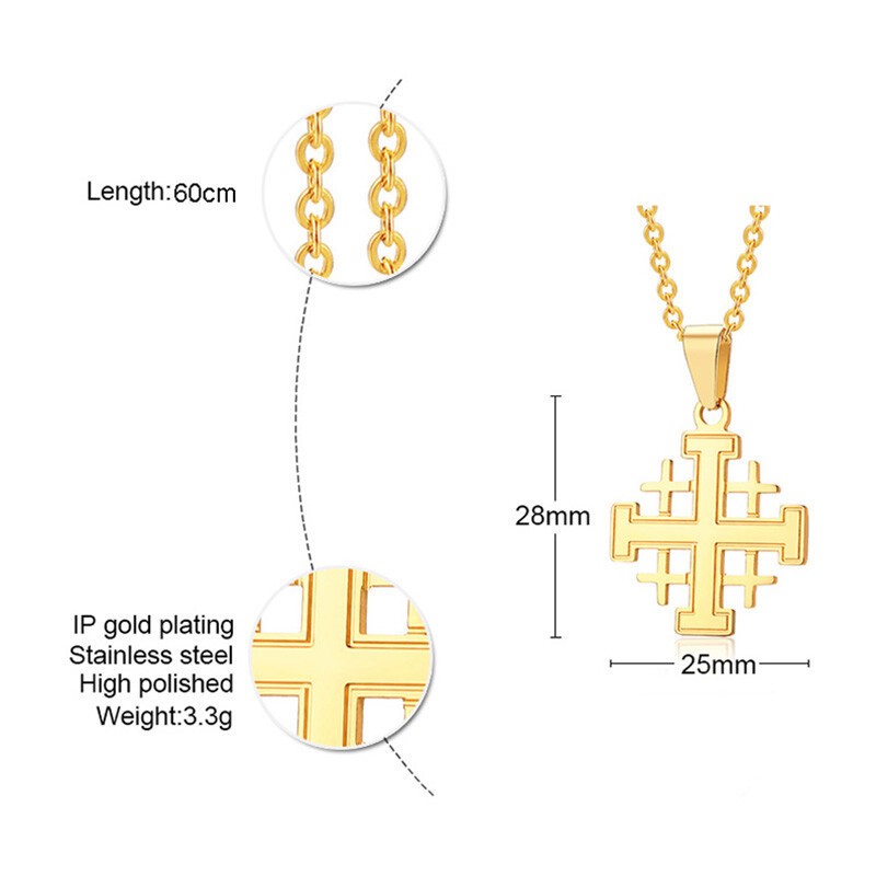 Gold Christianity Jerusalem Cross Pendant Necklace Stainless Steel Chain Classic