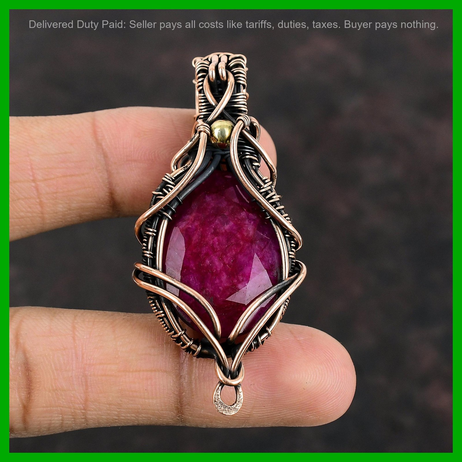Copper Oval Kashmir Rubi Gemstone Anniversary Wire Wrapped Handcrafted Pendant