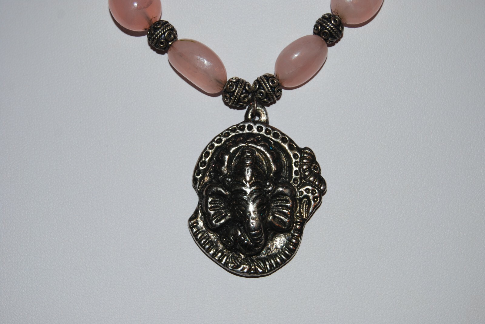 ELEPHANT SILVER TONED PENDANT WITH PINK NATURAL & GLASS BEADS STRAND NECKLACE