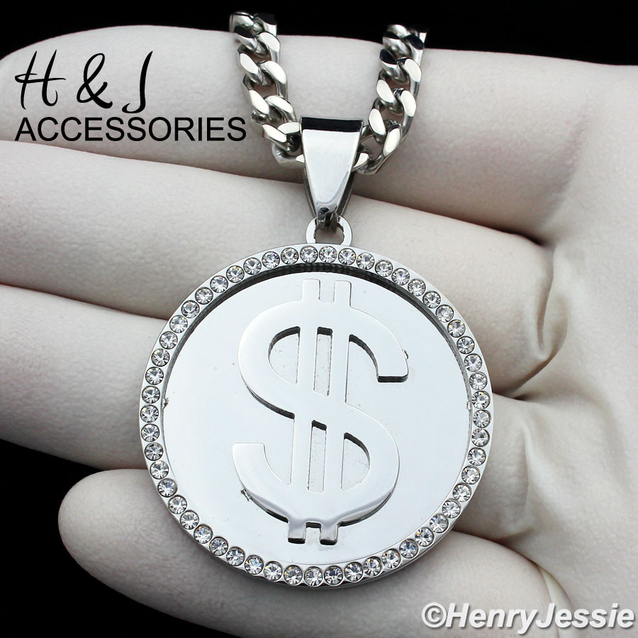 18-36″MEN Stainless Steel 5mm Silver Cuban Curb Chain CZ Dollar Sign Pendant*110